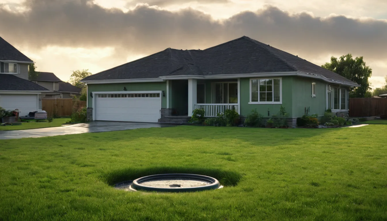 A wide residential lot in the Overland Park area with a marked septic tank lid in the lawn
